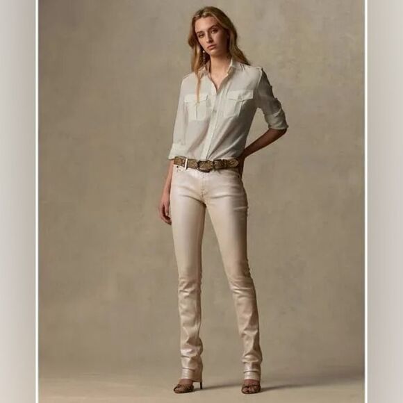 Ralph Lauren Pre-Spring Collection Sand Pearlescent Foil 160 Skinny Stretch Jean - Picture 8 of 16